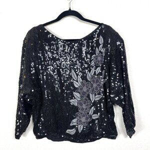 Vintage Sequin Beaded Party Cocktail Reine Seid Llon Blouse Top Sleeve Small